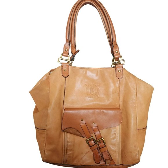 VTG Lauren Ralph Lauren Tan Brown Leather 9” drop 2 handle 13x13x4” tote purse - Picture 1 of 14